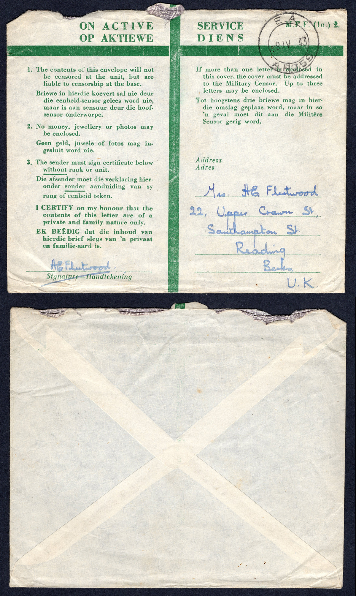 KUT EAF WWII Stampless cover Privilege Printed Cover to the UK