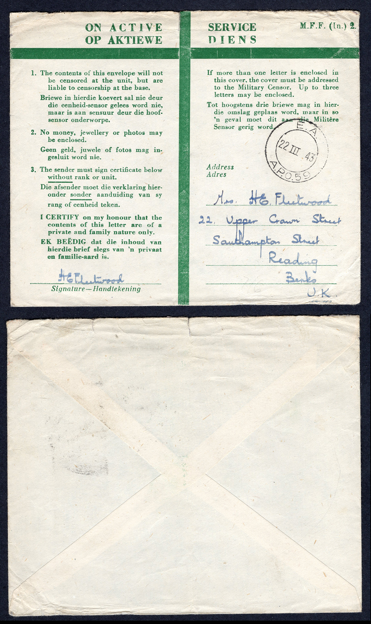 KUT EAF WWII 1943 Stampless cover Privilege Printed Cover to the UK