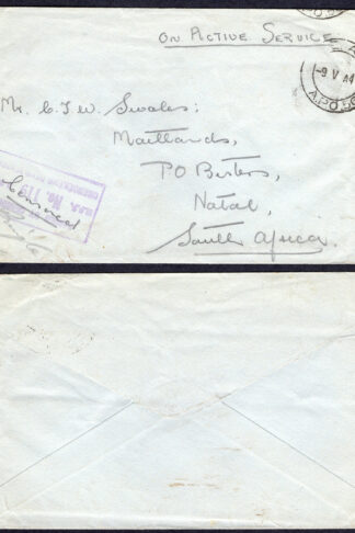 KUT EAF WWII 1941 Stampless Censored Cover to Natal