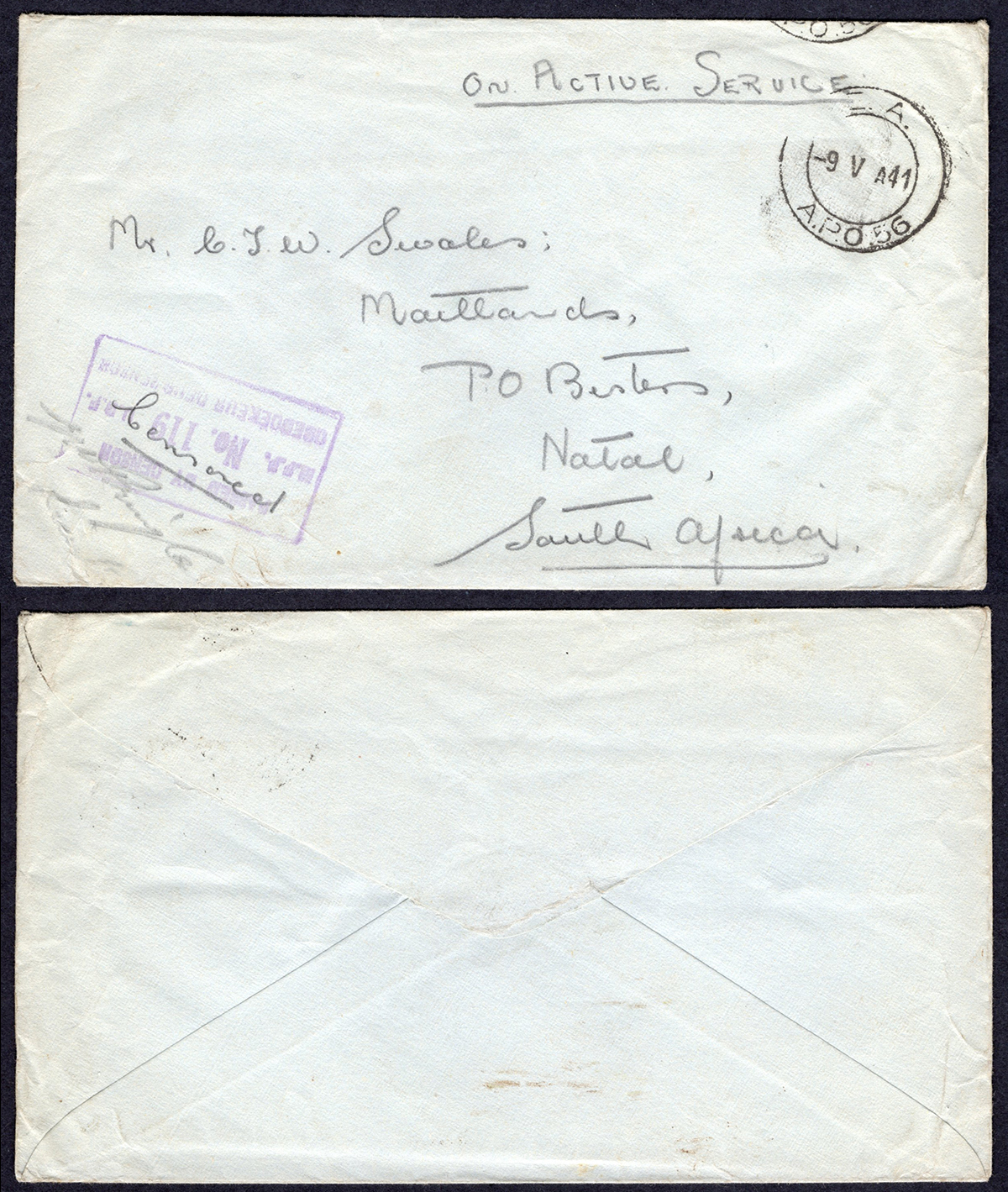 KUT EAF WWII 1941 Stampless Censored Cover to Natal