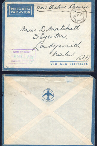 KUT EAF WWII 1941 Stampless Censored Cover to Natal