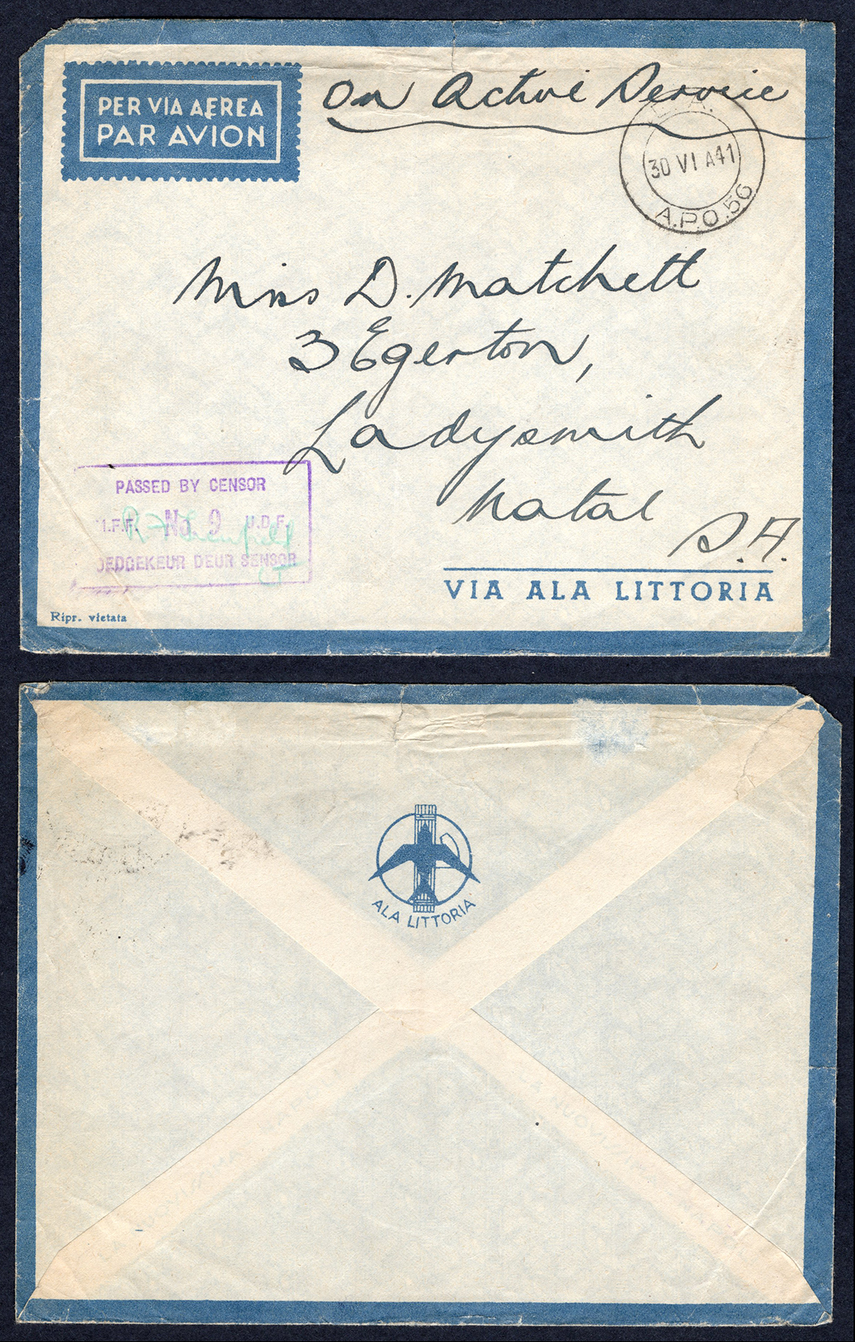 KUT EAF WWII 1941 Stampless Censored Cover to Natal