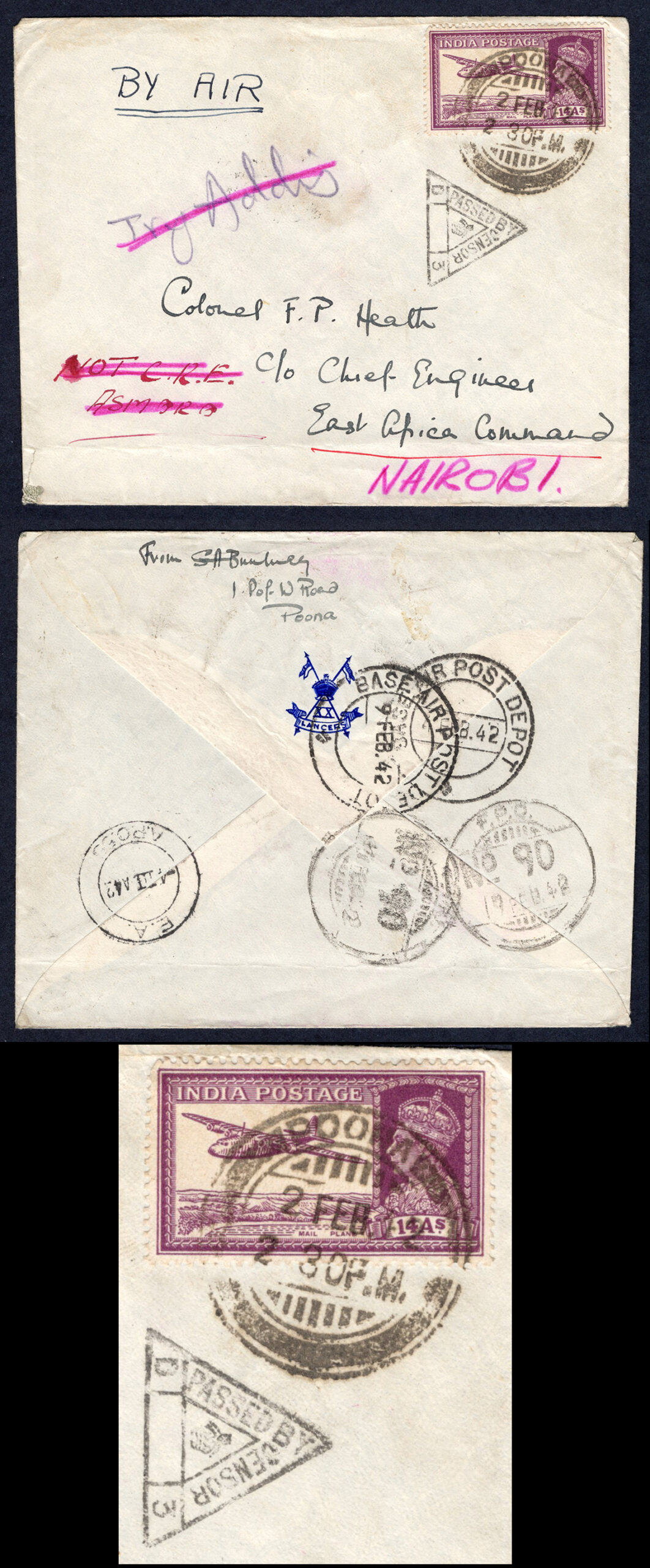 KUT EAF WWII 1942 Indian 14a on Censored Cover to Nairobi