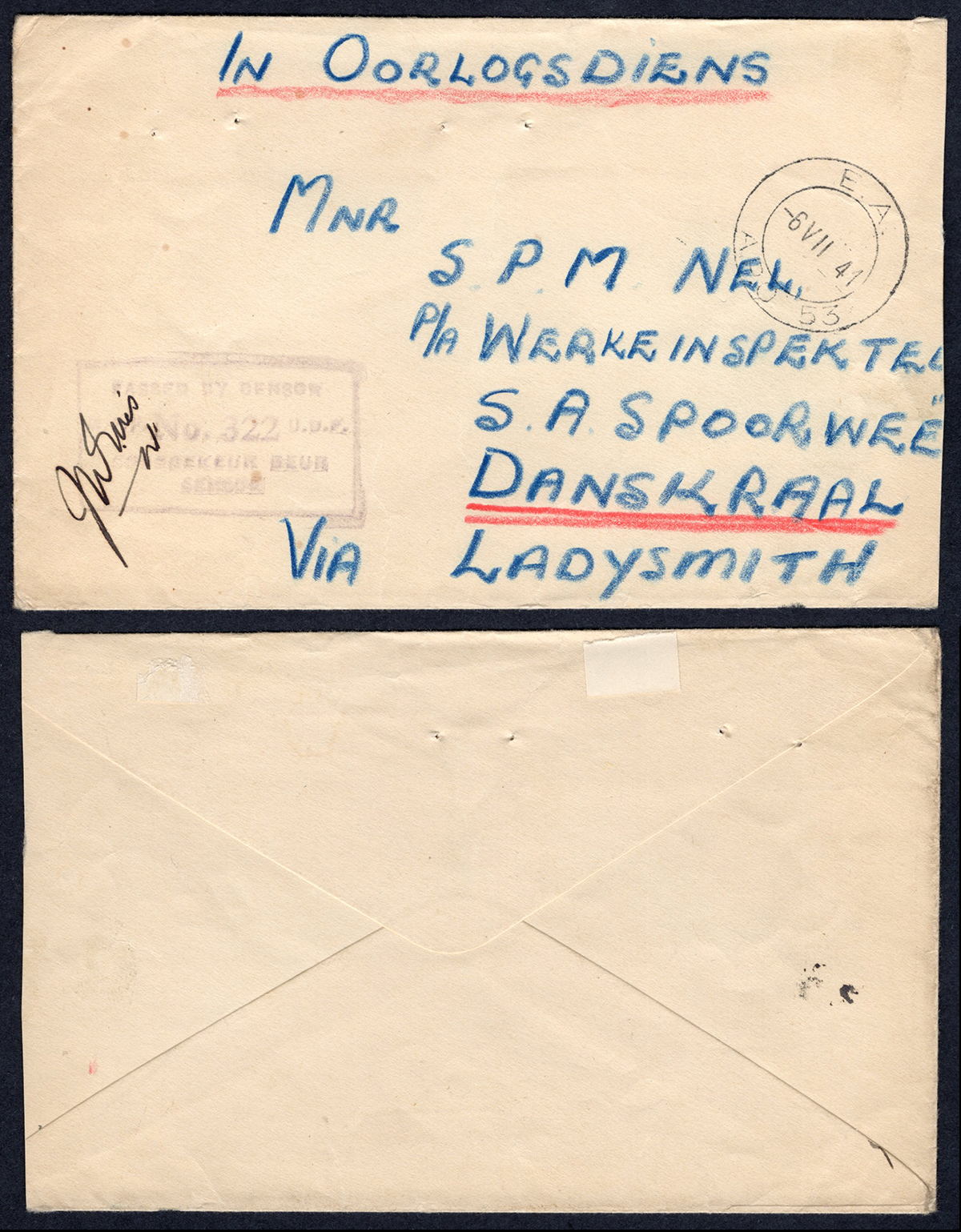 KUT EAF WWII 1941 In Oorlogsdiens Stampless Censored Cover to Danskraal