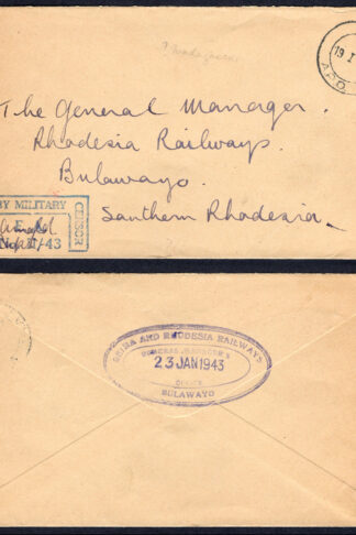KUT EAF WWII 1943 Stampless Censored Cover to Beira and Rhodesia Railways