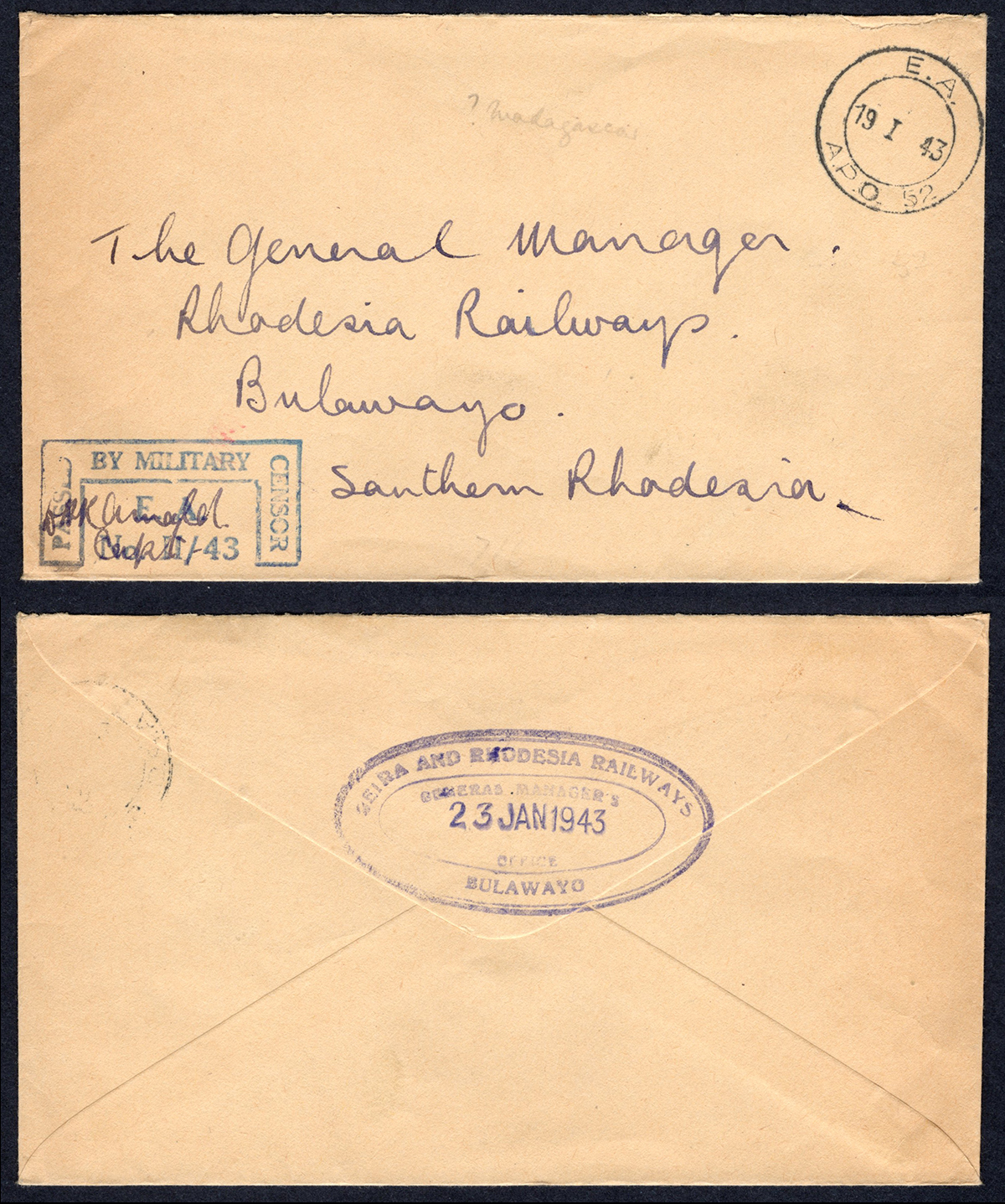 KUT EAF WWII 1943 Stampless Censored Cover to Beira and Rhodesia Railways
