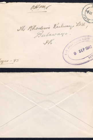 KUT EAF WWII 1942 Stampless OHMS Cover to The Rhodesia Railways Ltd