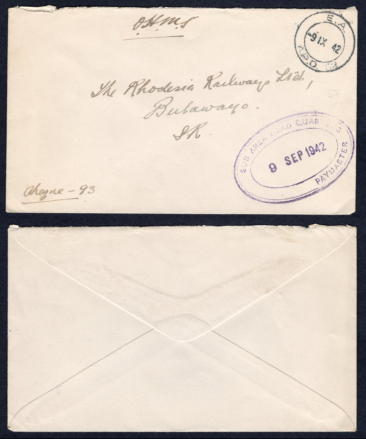 KUT EAF WWII 1942 Stampless OHMS Cover to The Rhodesia Railways Ltd