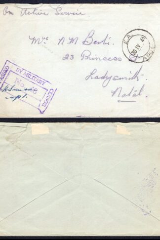 KUT EAF WWII 1941 Stampless Censored Cover to Natal
