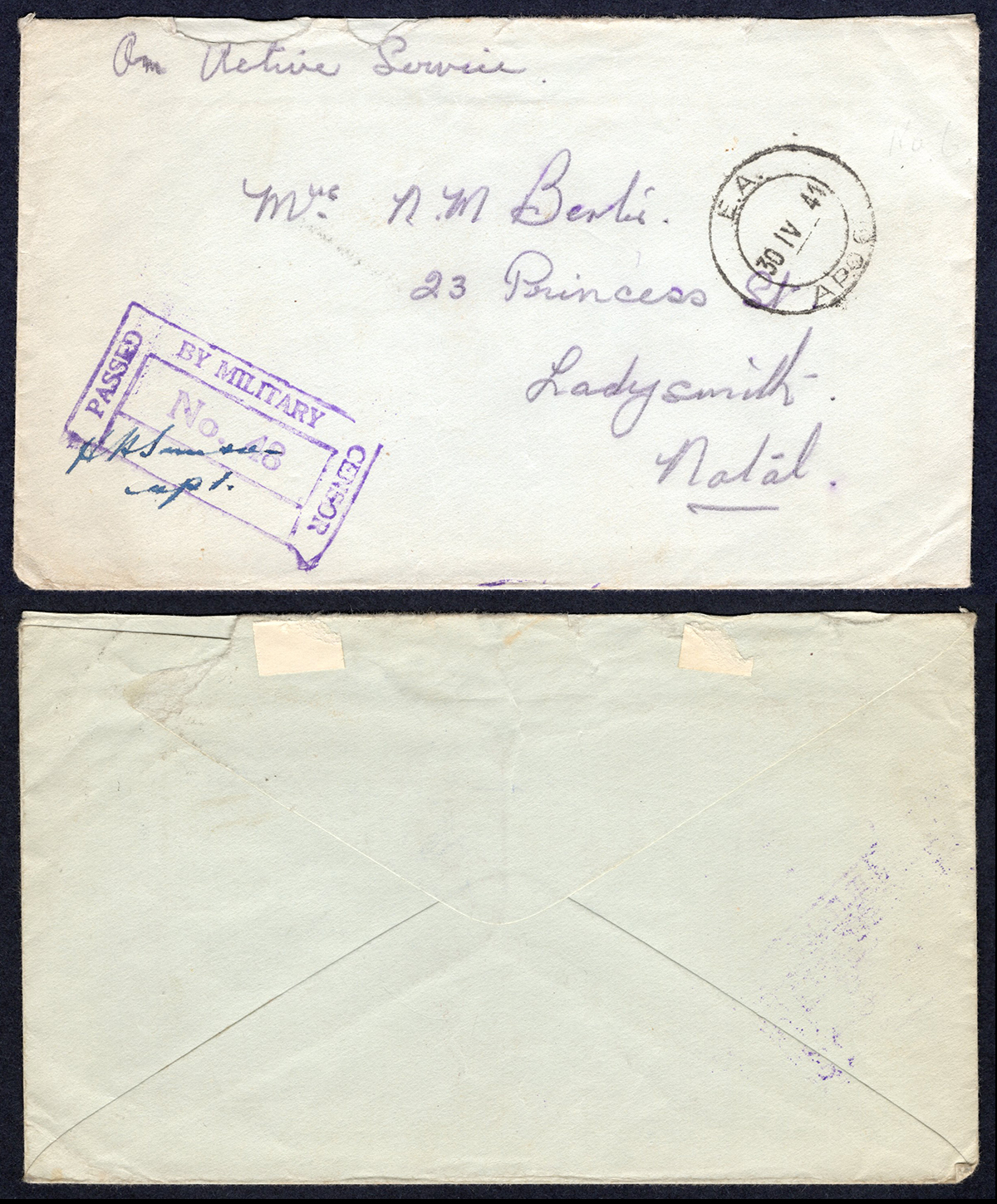 KUT EAF WWII 1941 Stampless Censored Cover to Natal