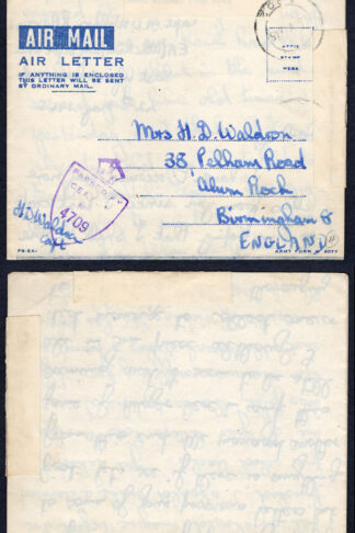 KUT EAF WWII 1945 Censored AIR LETTER to England