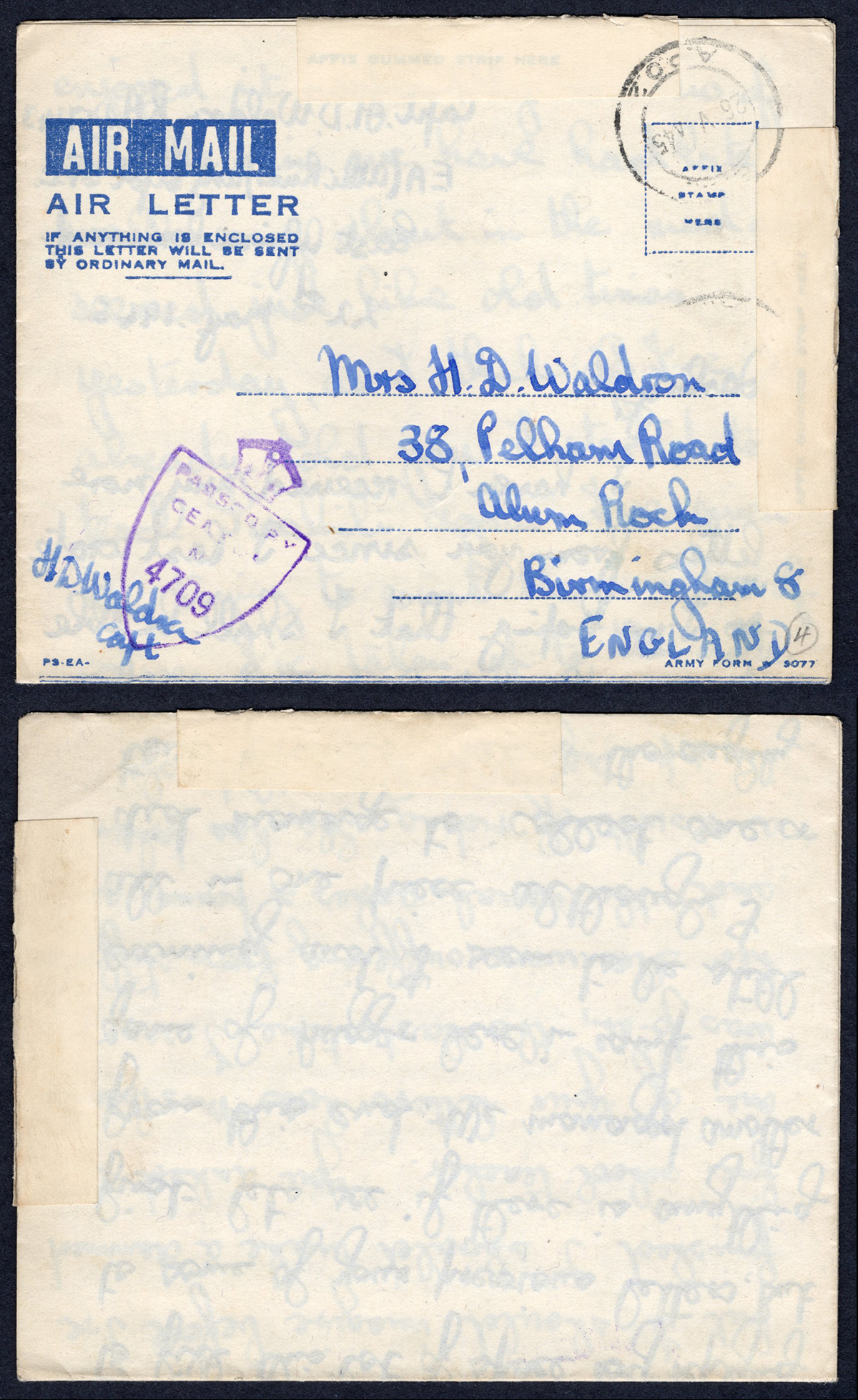 KUT EAF WWII 1945 Censored AIR LETTER to England