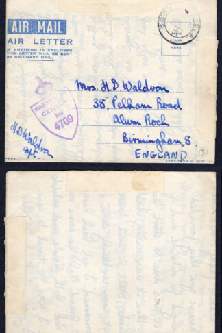 KUT EAF WWII 1945 Censored AIR LETTER to England
