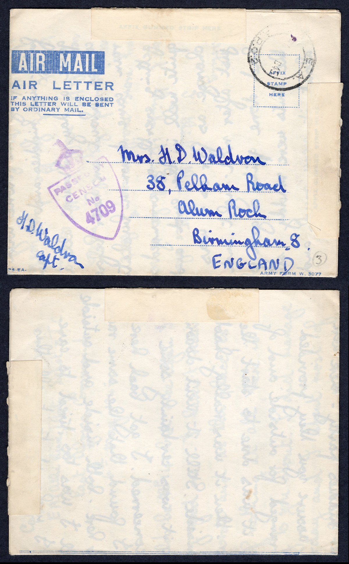KUT EAF WWII 1945 Censored AIR LETTER to England