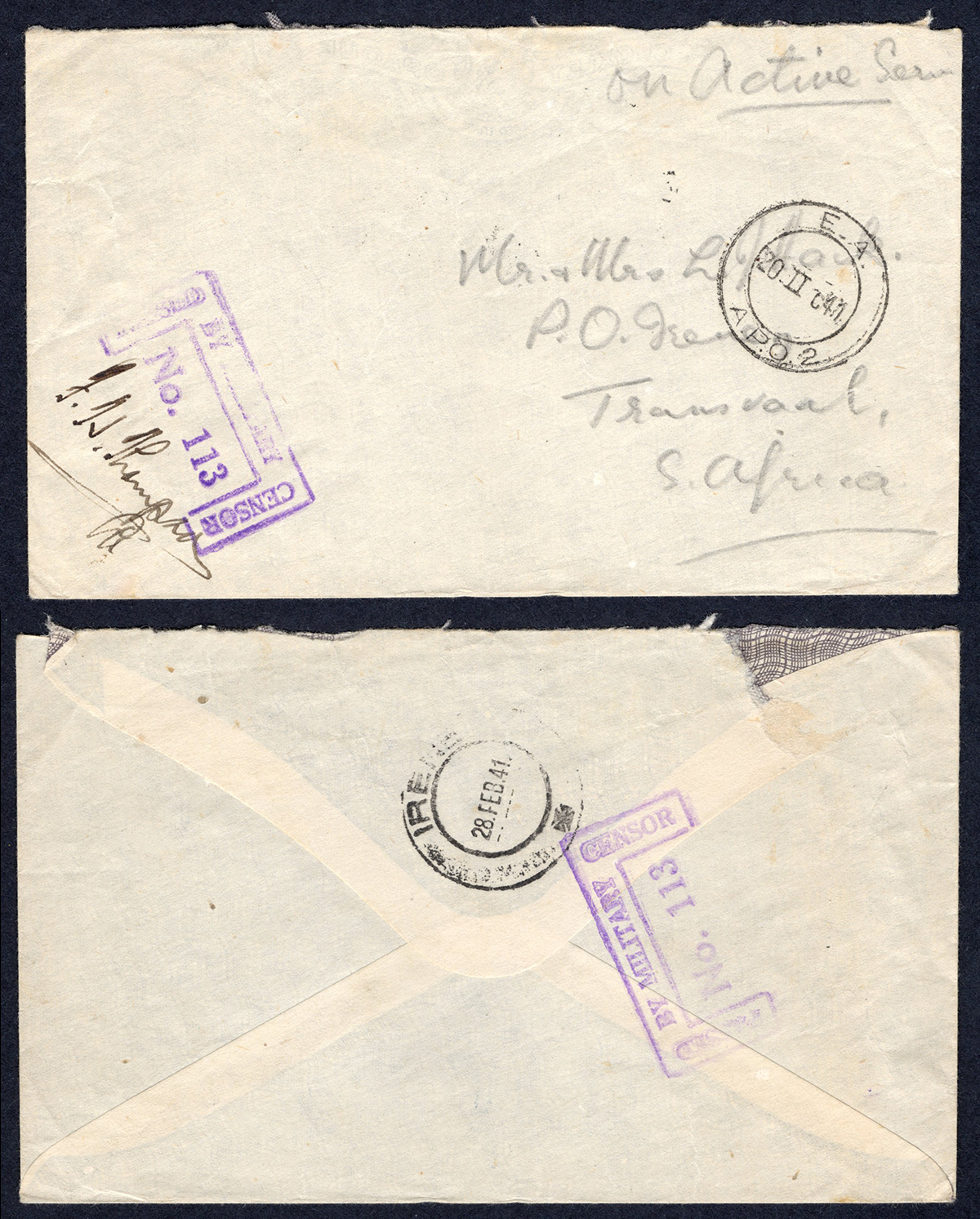 KUT EAF WWII 1941 Stampless Censored Cover to Transvaal
