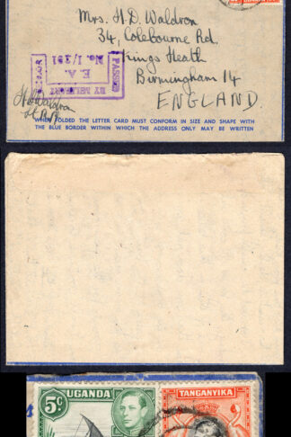 KUT EAF WWII 1943 Uprated Censored Airletter on England