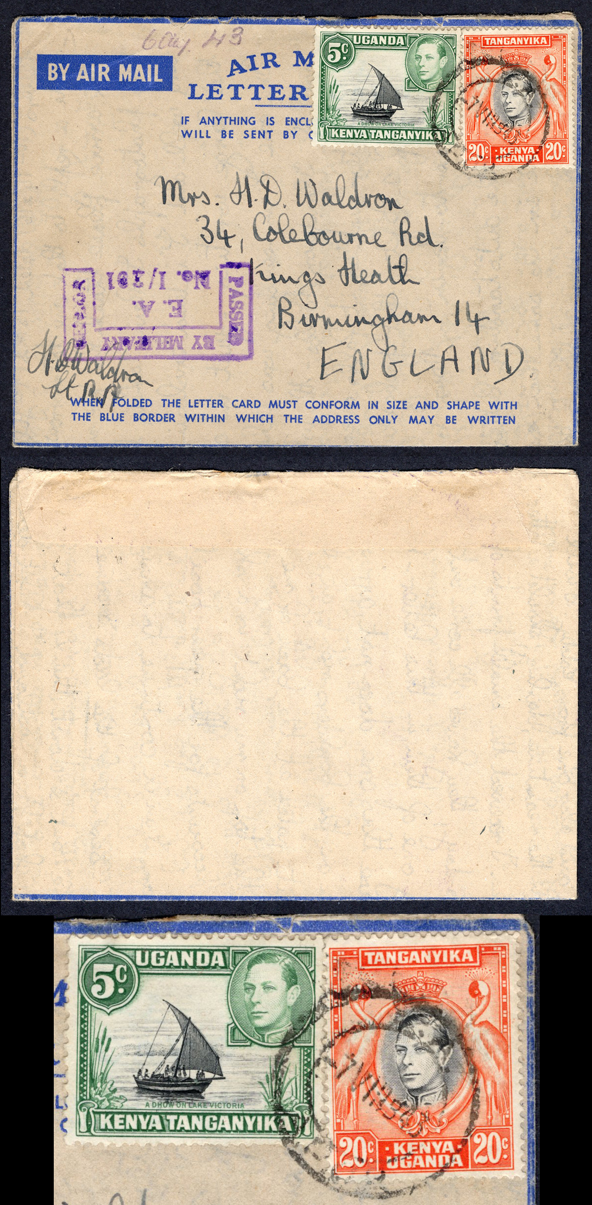 KUT EAF WWII 1943 Uprated Censored Airletter on England