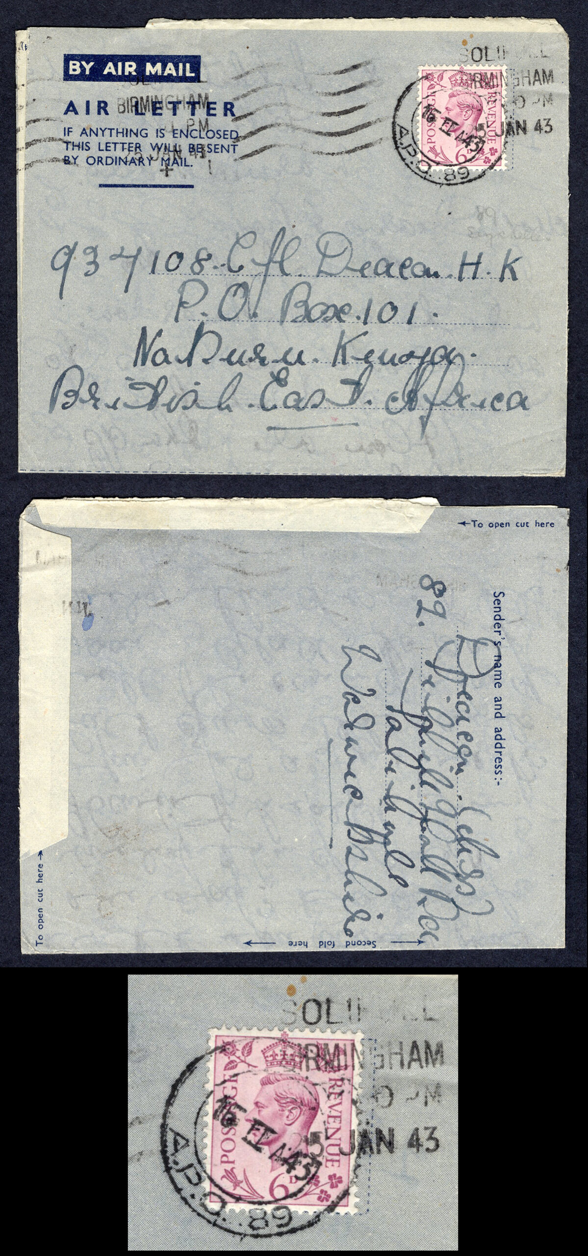 KUT EAF WWII 1943 GB 6d on Airletter to British East Africa