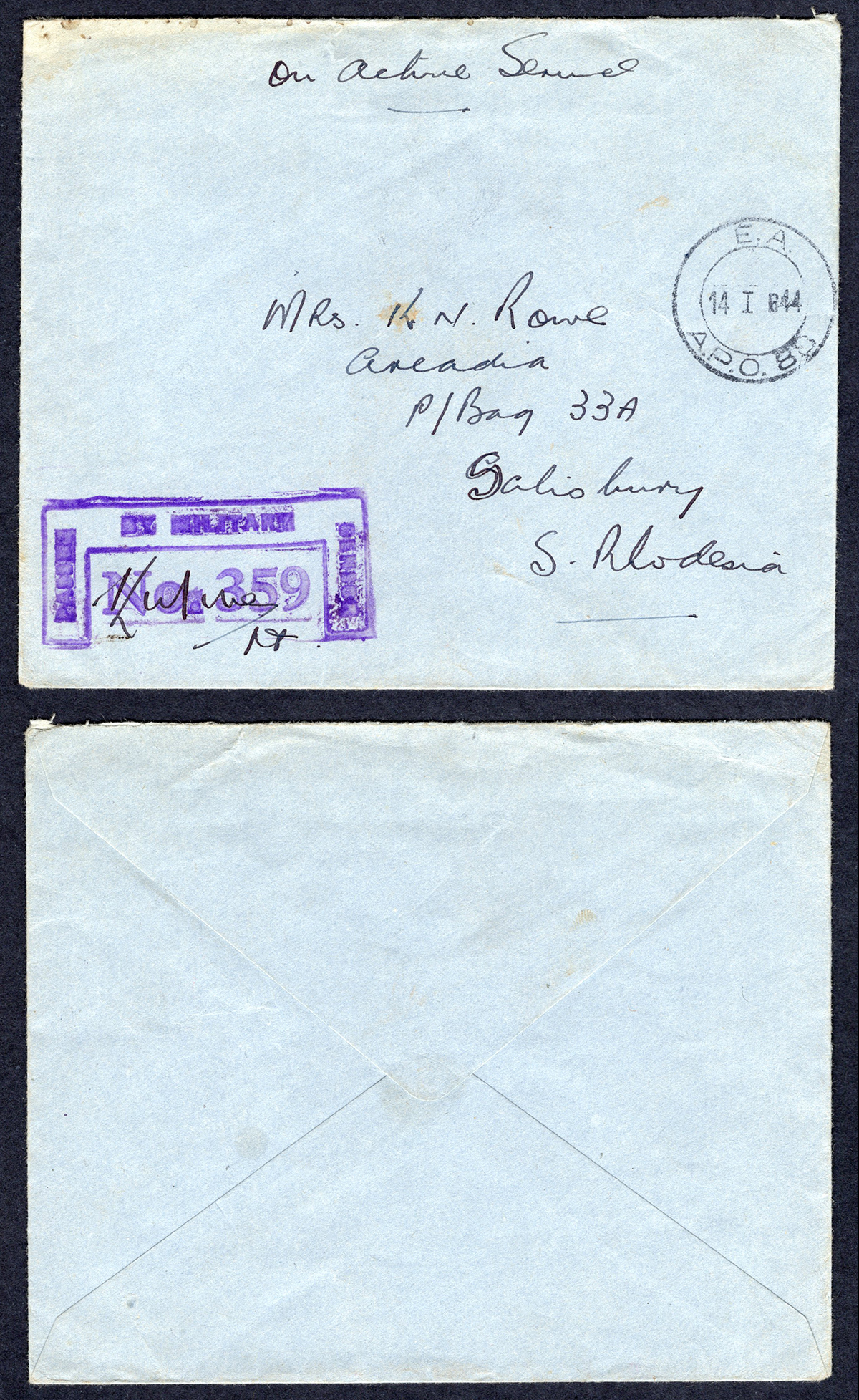 KUT EAF WWII 1944 Stampless Censored Cover to S Rhodesia
