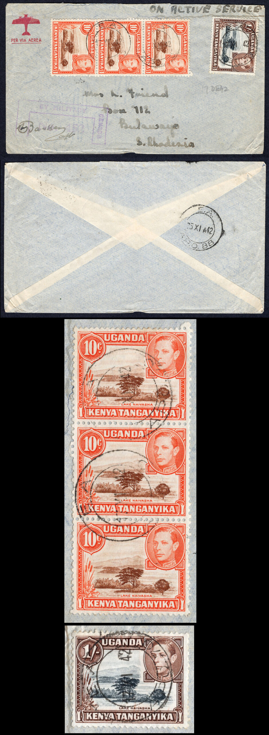 KUT EAF WWII 1942 10c x 3 and 1/- on Censored Cover to S Rhodesia
