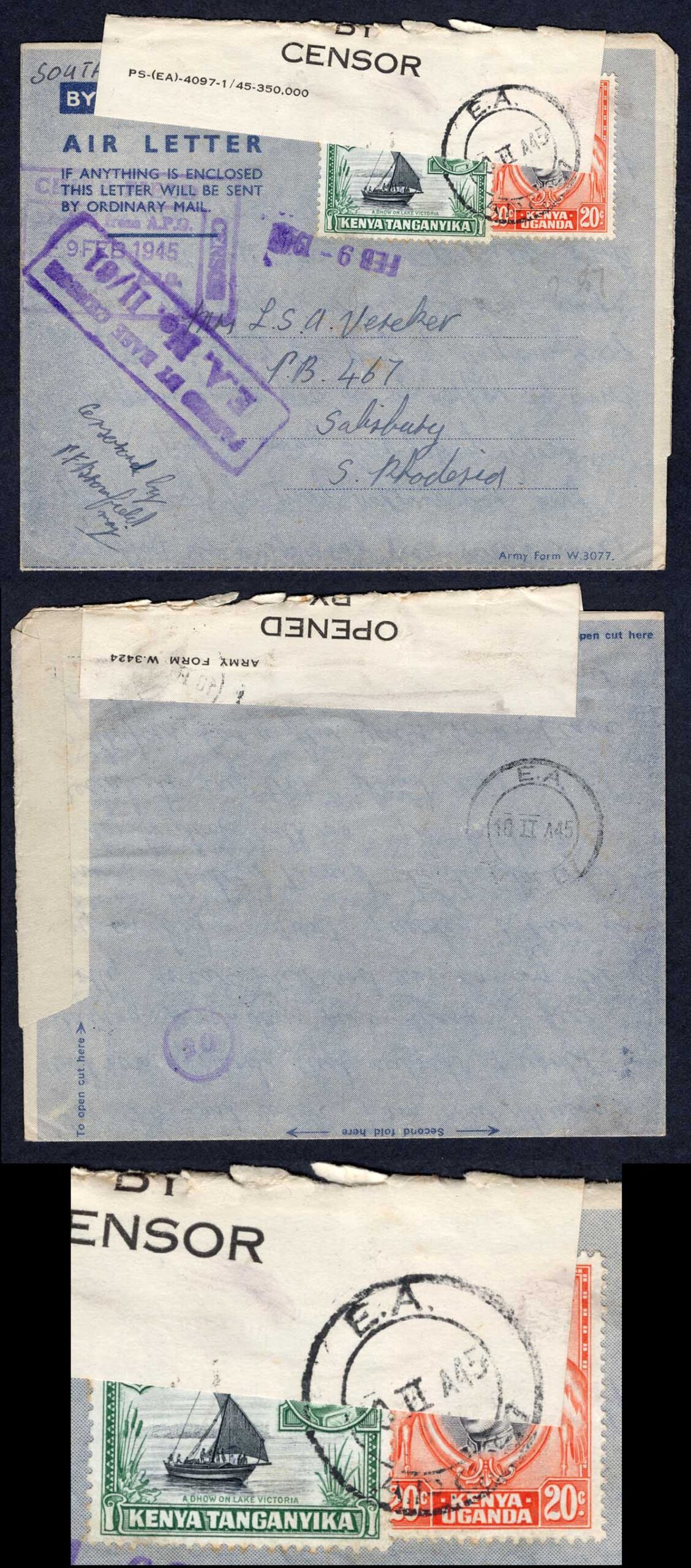 KUT EAF WWII 1945 Uprated Censored Air letter to S Rhodesia