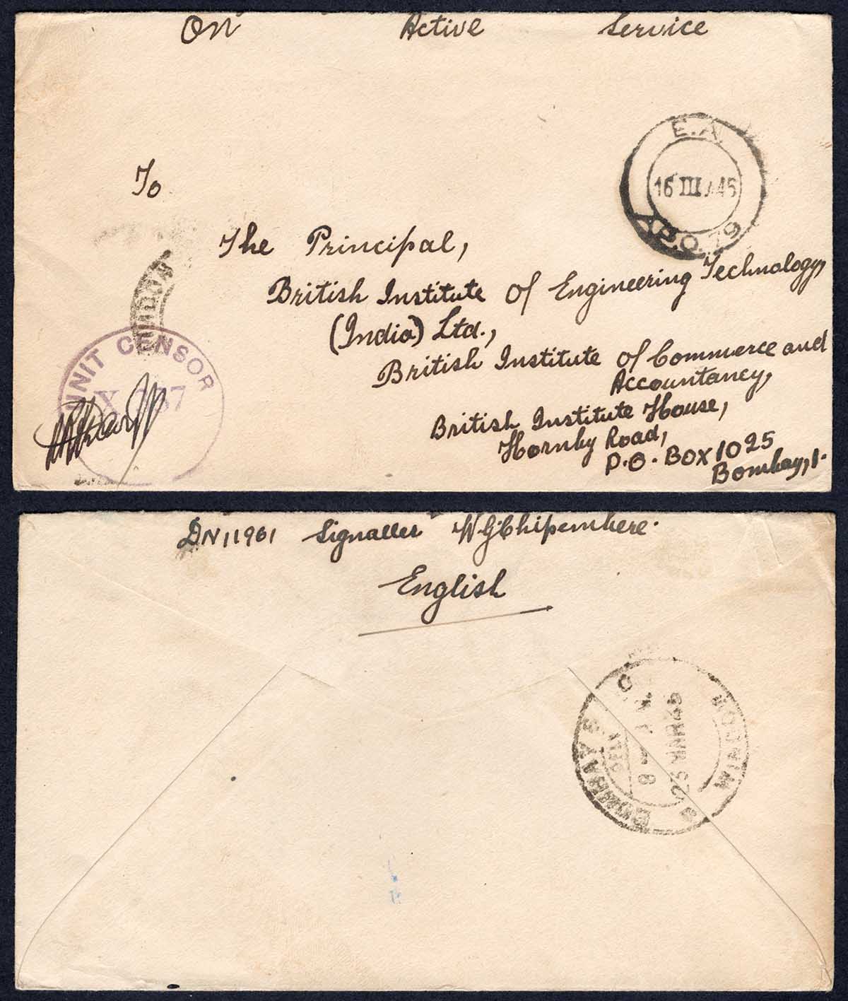 KUT EAF WWII 1945 On Active Service Stampless Censor cover to Bombay