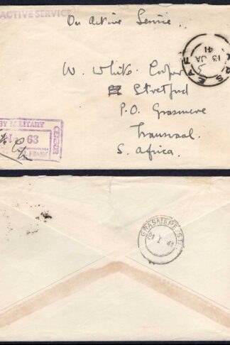 KUT EAF WWII 1941 On Active Service Stampless Censor cover to Transvaal