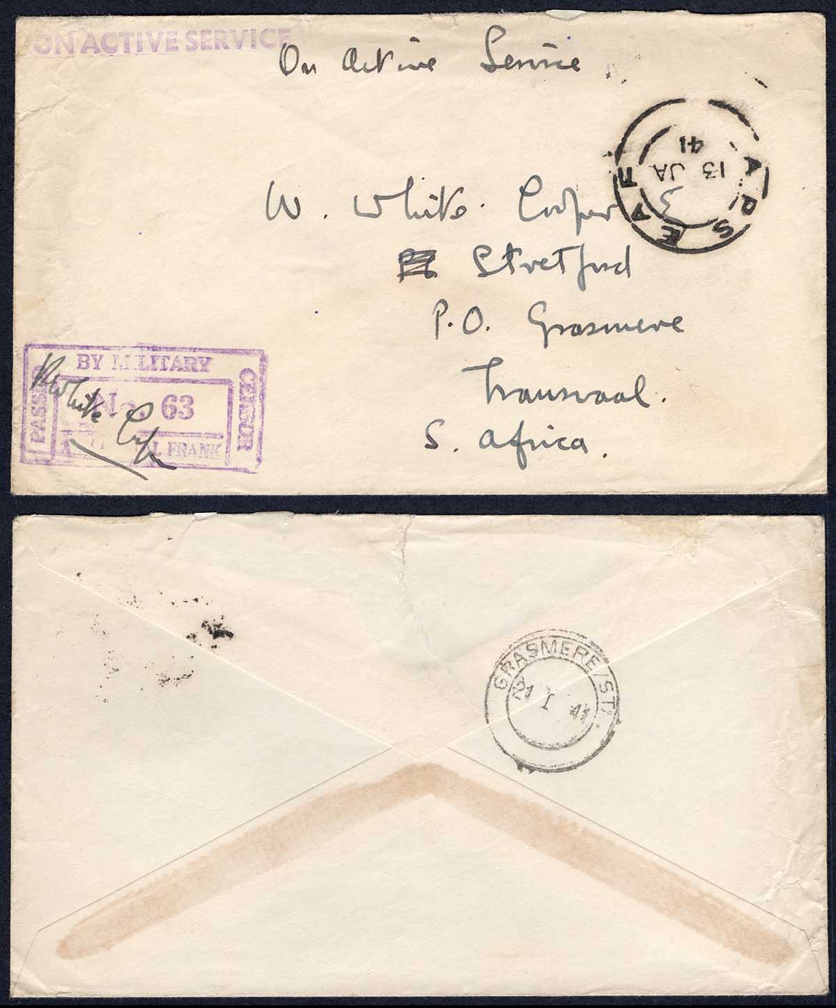 KUT EAF WWII 1941 On Active Service Stampless Censor cover to Transvaal