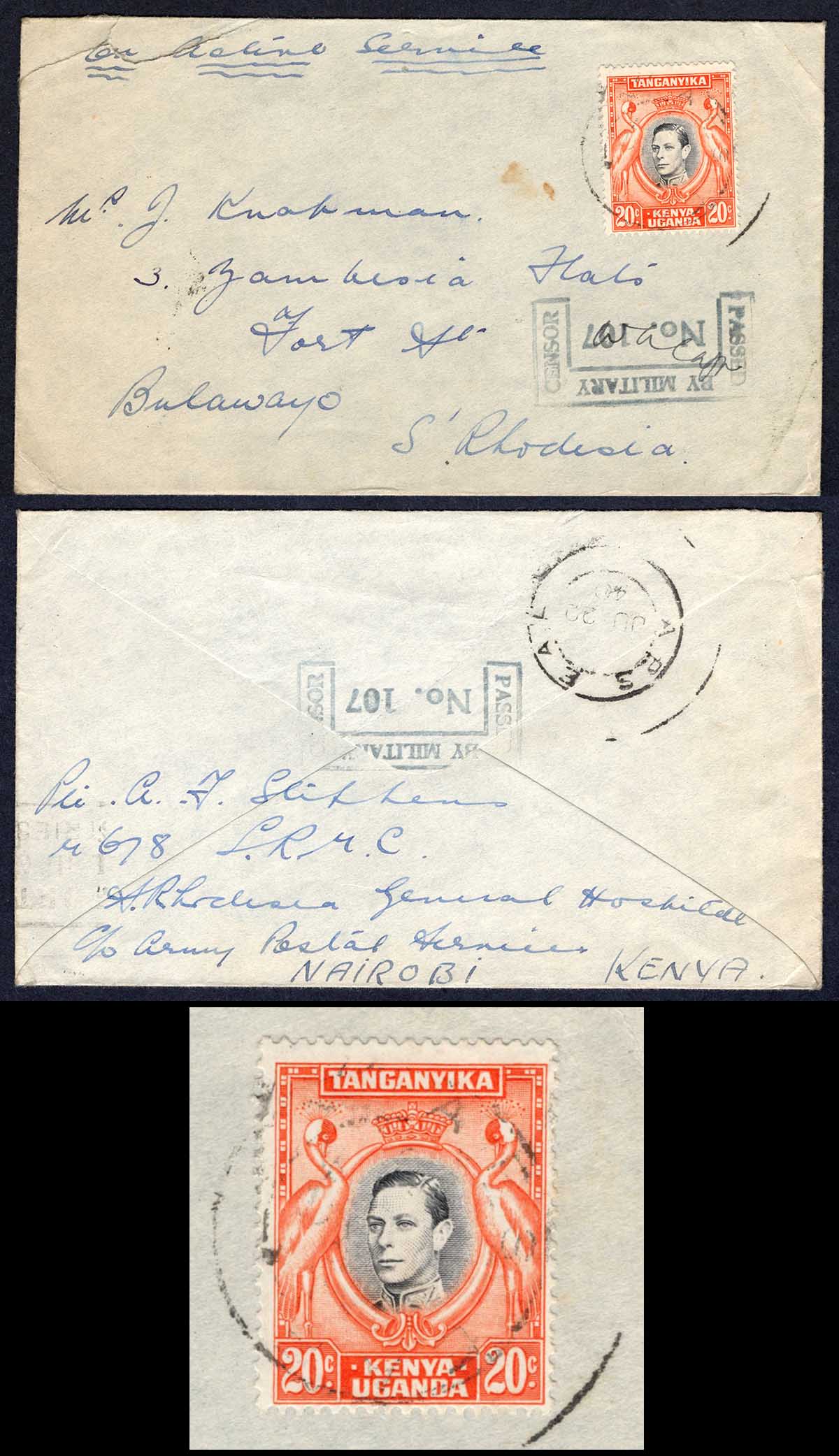 KUT EAF WWII 1940 20c on Censored cover to S Rhodesia