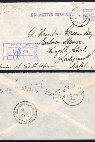 KUT EAF WWII 1940 On Active Service Stampless Censor cover to Natal