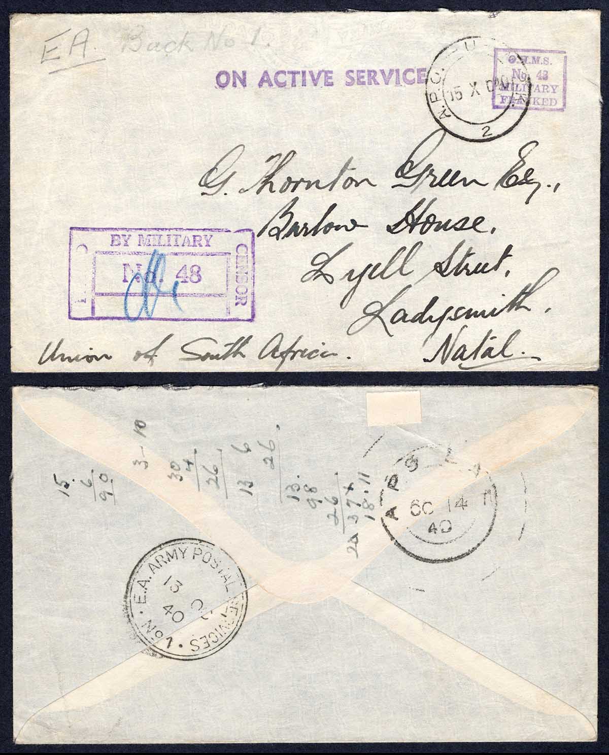 KUT EAF WWII 1940 On Active Service Stampless Censor cover to Natal