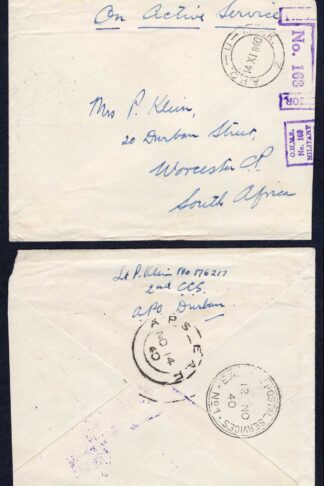 KUT EAF WWII 1940 On Active Service Stampless Censor cover to South Africa
