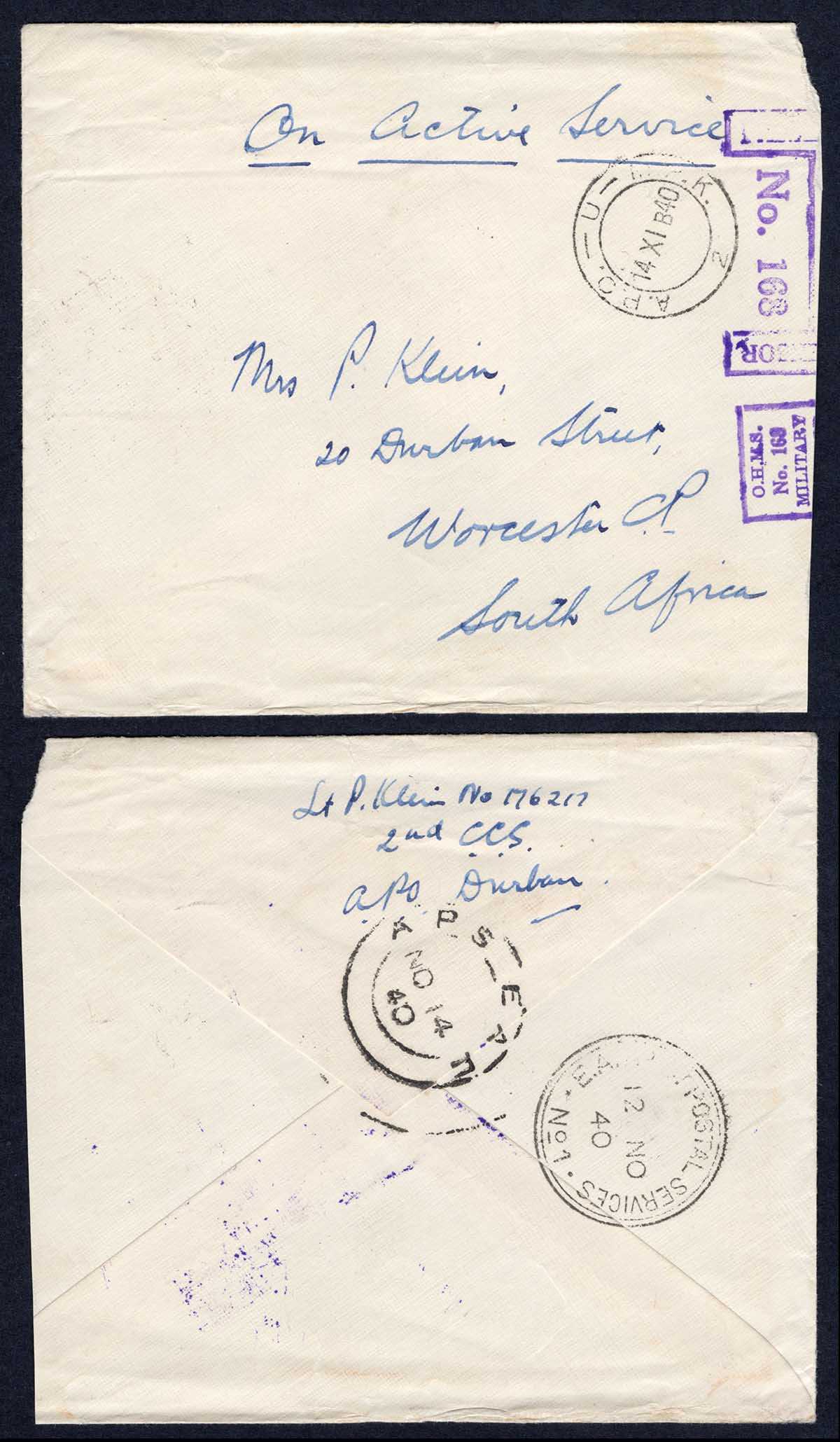 KUT EAF WWII 1940 On Active Service Stampless Censor cover to South Africa