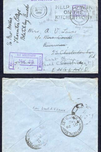 KUT EAF WWII 1940 On Active Service Stampless Censor cover to England