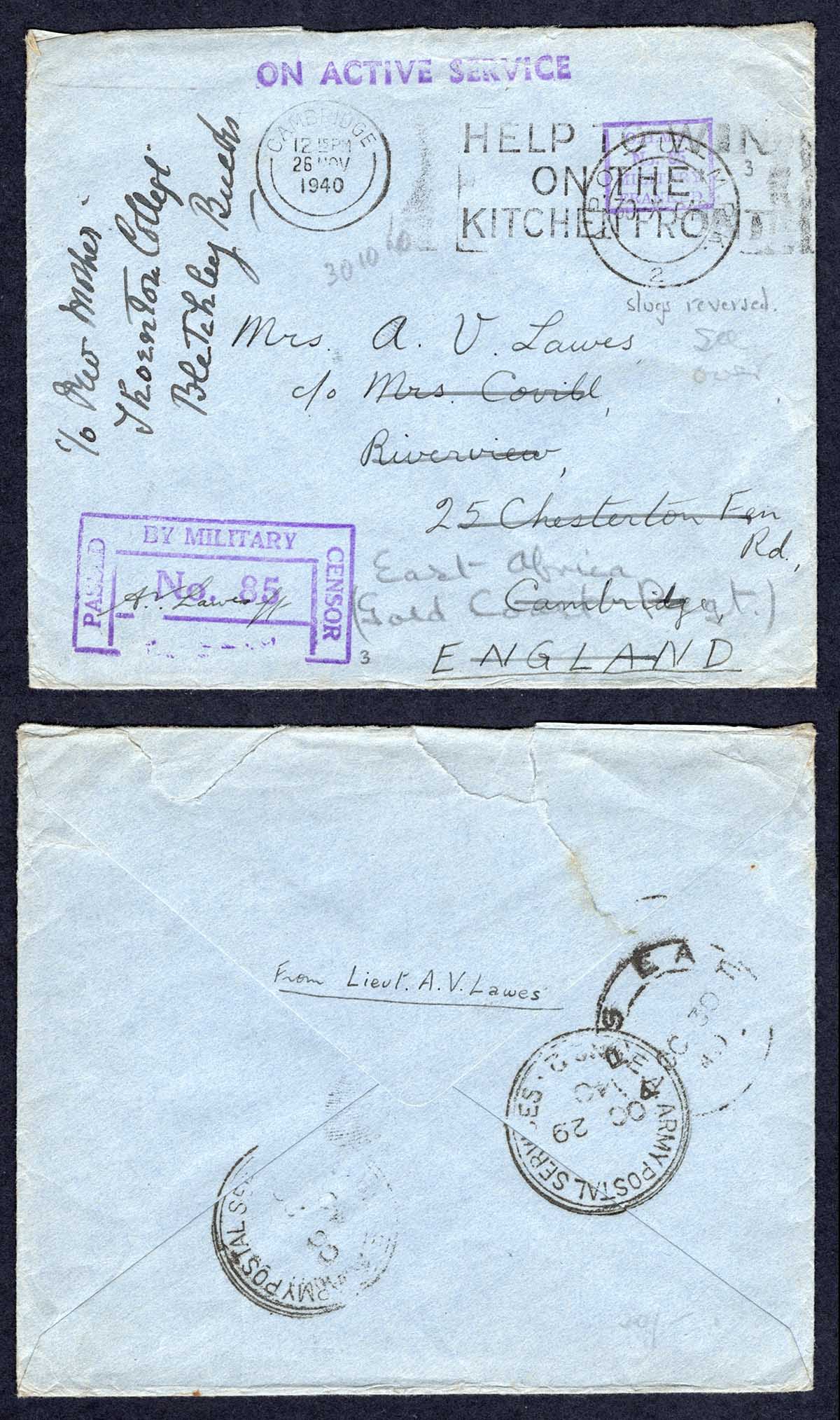 KUT EAF WWII 1940 On Active Service Stampless Censor cover to England