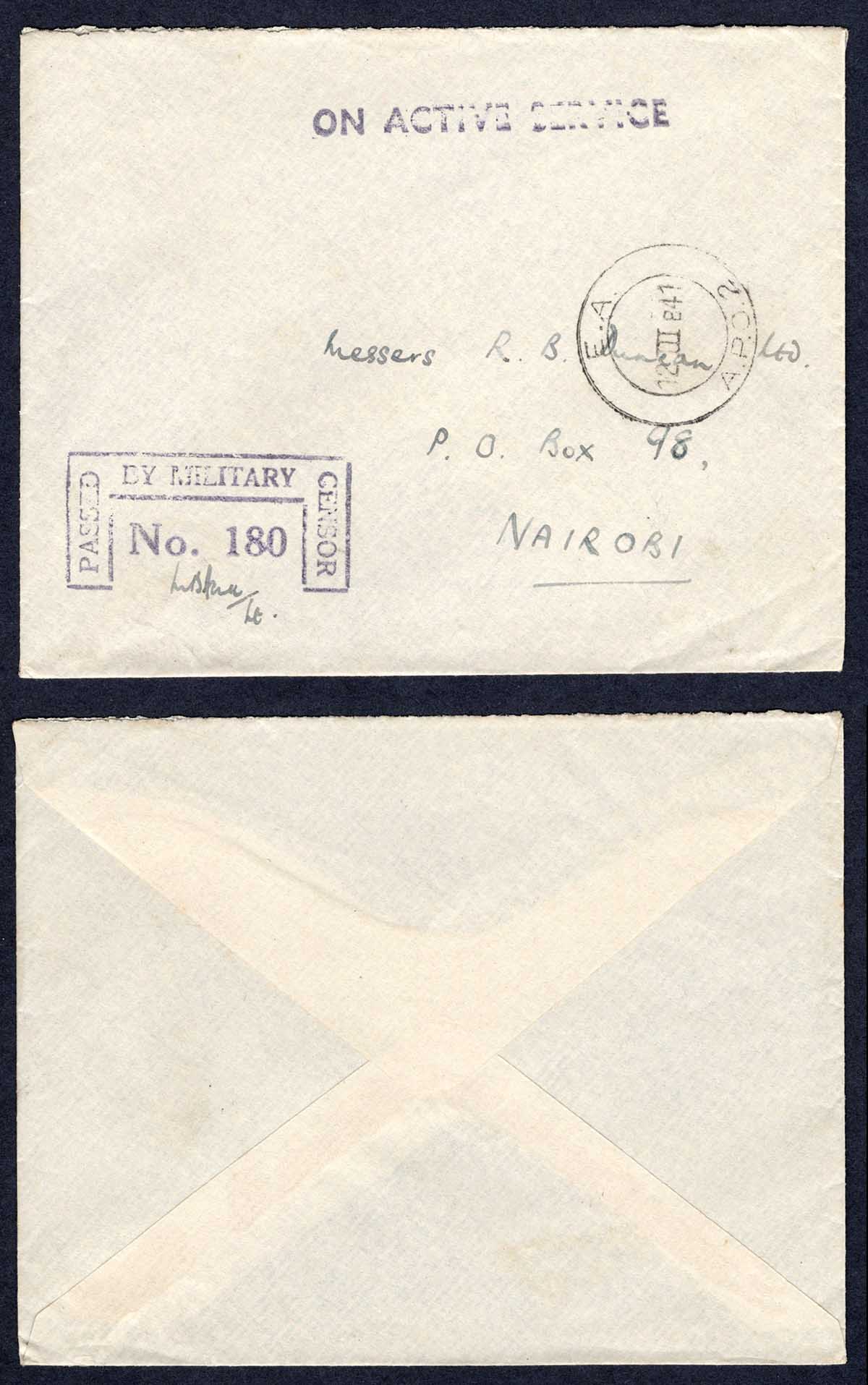 KUT EAF WWII 1941 On Active Service Stampless Censor cover to Nairobi