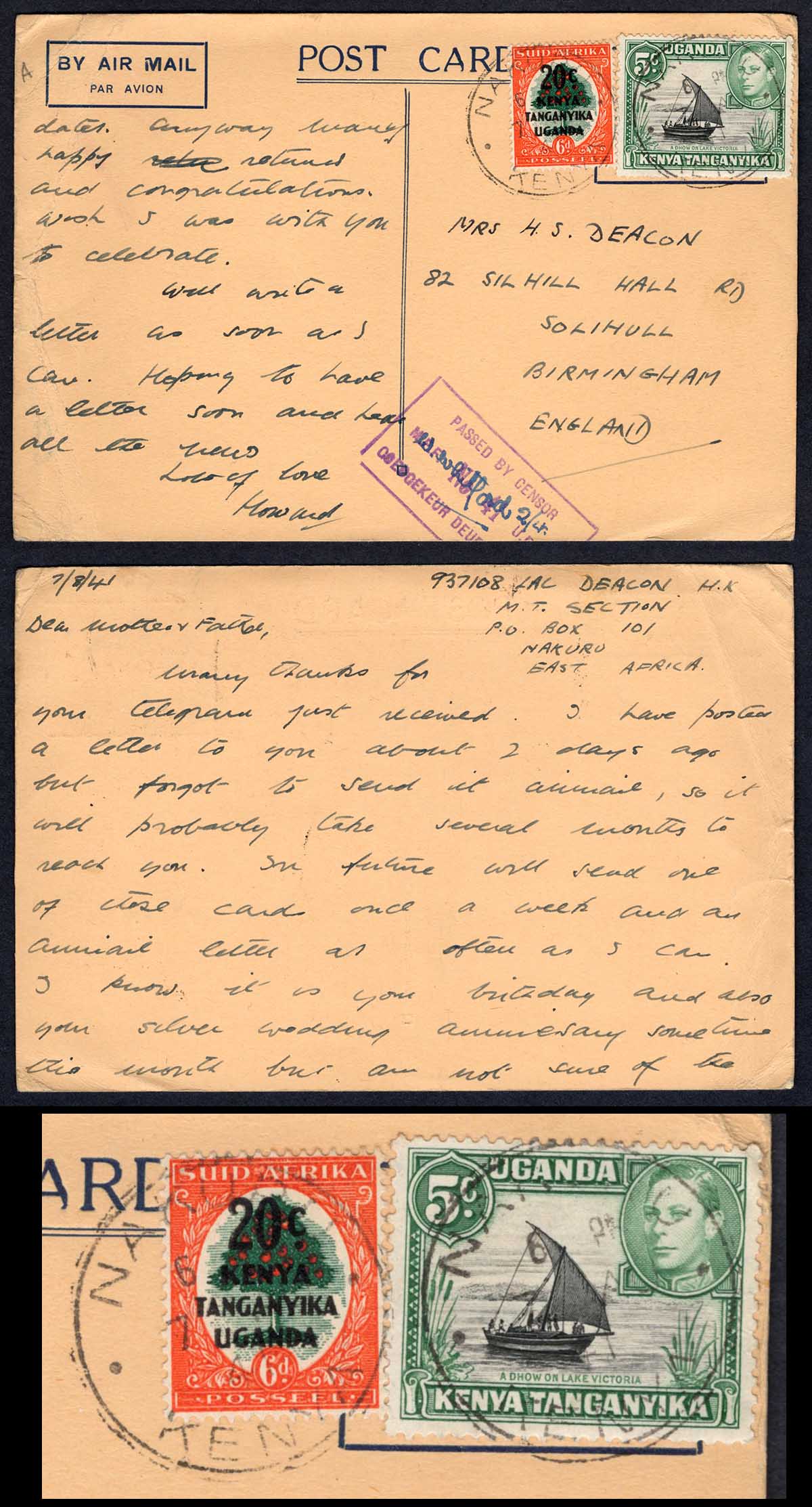 KUT EAF WWII 1941 Censored Postcard to the UK