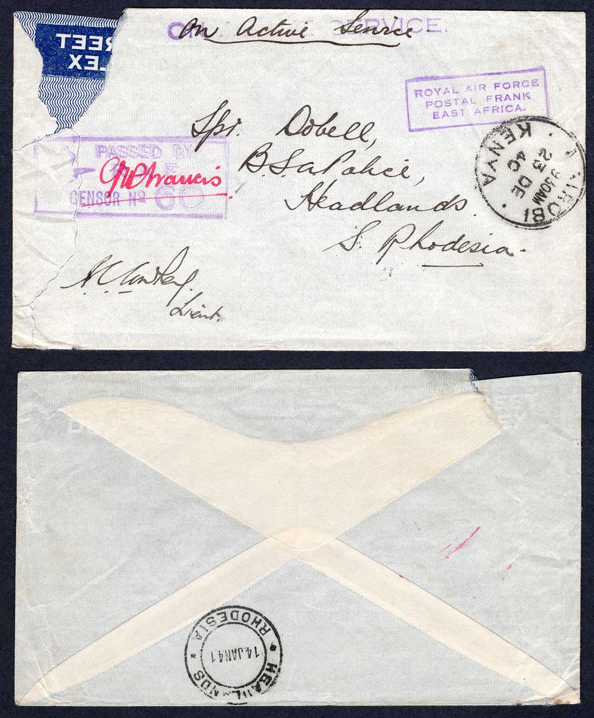 KUT EAF WWII 1940 RAF Censored Cover to S Rhodesia