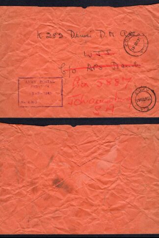 KUT EAF WWII 1941 Army Postal Service Stampless Censor cover to Johannesburg