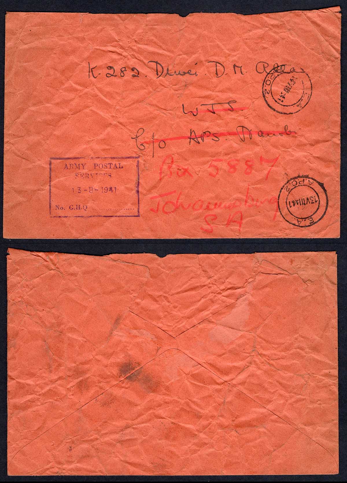KUT EAF WWII 1941 Army Postal Service Stampless Censor cover to Johannesburg