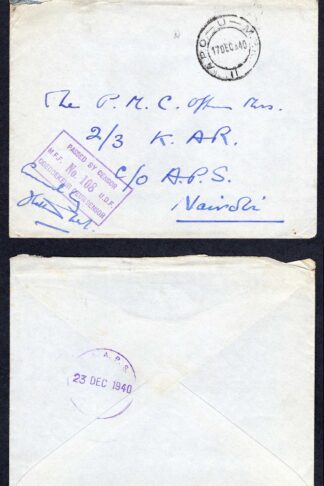 KUT EAF WWII 1940 Stampless Censor cover to Nairobi