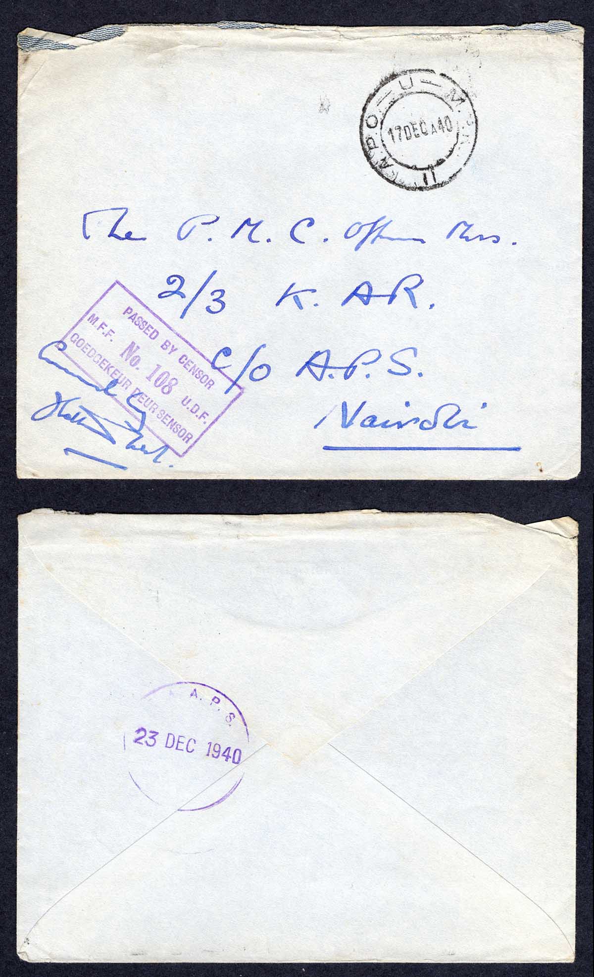 KUT EAF WWII 1940 Stampless Censor cover to Nairobi
