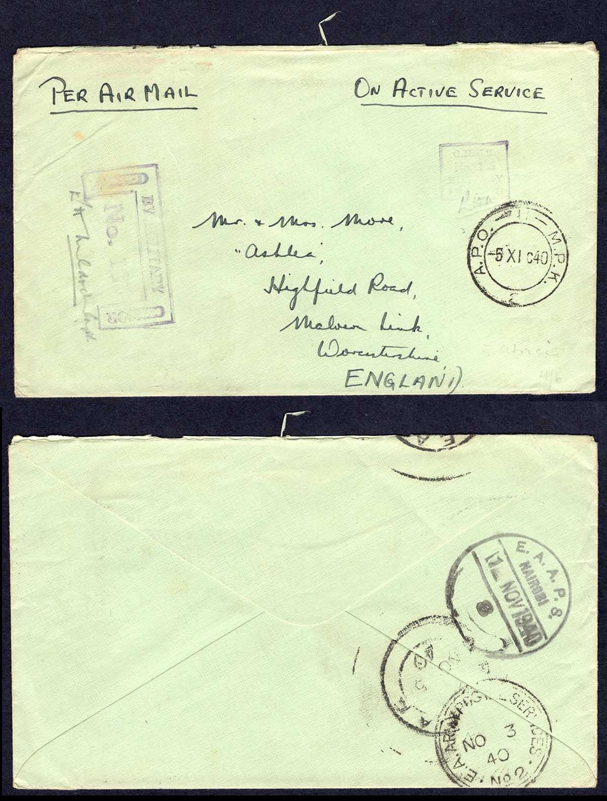 KUT EAF WWII 1940 Stampless Censor cover to England