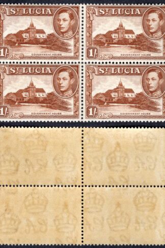 St Lucia SG135 1/- Brown Perf 13.5 Block 2 x U/M Cat 16 pounds