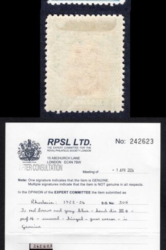 Rhodesia SG305 3/- Red brown and grey blue Head IIIb M/M Cat 140 RPS Cert