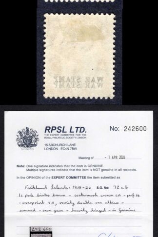 Falkland Is SG72ab 1/- War Stamp DOUBLE opt one Albino M/M Cat 1900 RPS
