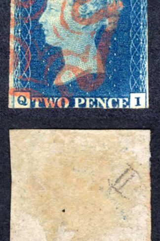 1840 2d Deep Full Blue (QI) Plate 2 Red Cross Two margins Cat 1750 pounds