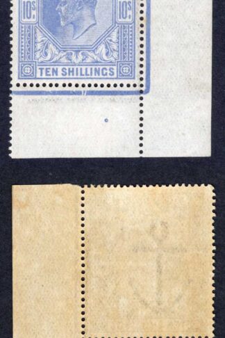 SG319 KEVII 10/- Blue Somerset House Corner Marginal with Date Cuts M/M (toned)