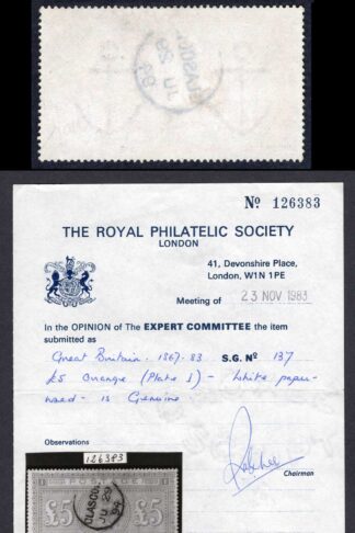 SG137 Five Pound Orange SUPERB Used on SG Card with RPS Cert