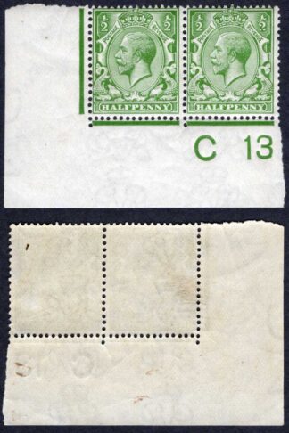 KGV 1/2d Royal Cypher Control C13 Imperf Pair M/M